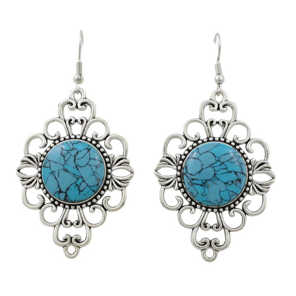 Pair of earrings with turquoise stones and silver filigree on a white background - Lilylin Designs