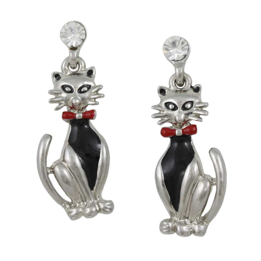 Gray Enamel Tuxedo Cat Dangling Pierced Earring - REE943 - Lilylin Designs
