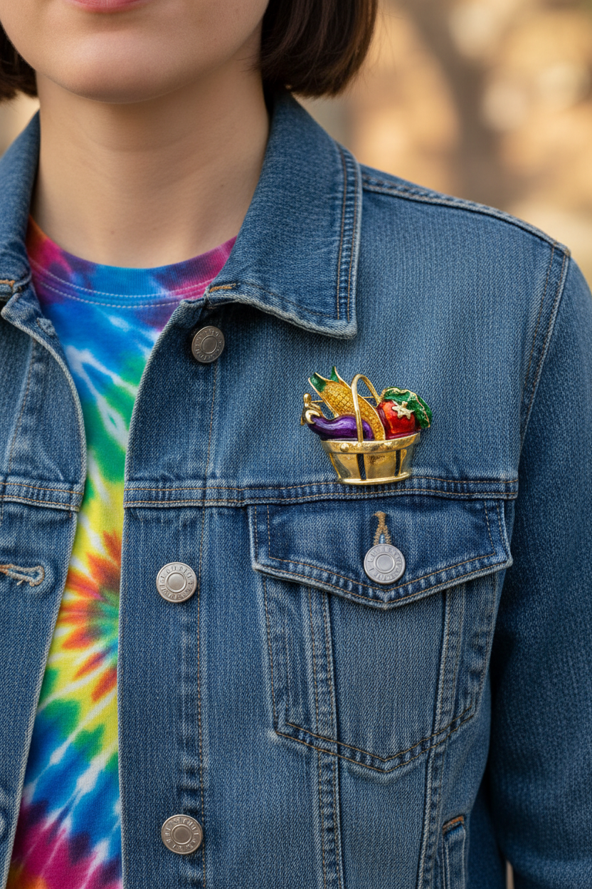 Model wearing vegetable basket pin with eggplant, corn, and peppers pin - Lilylin Designs