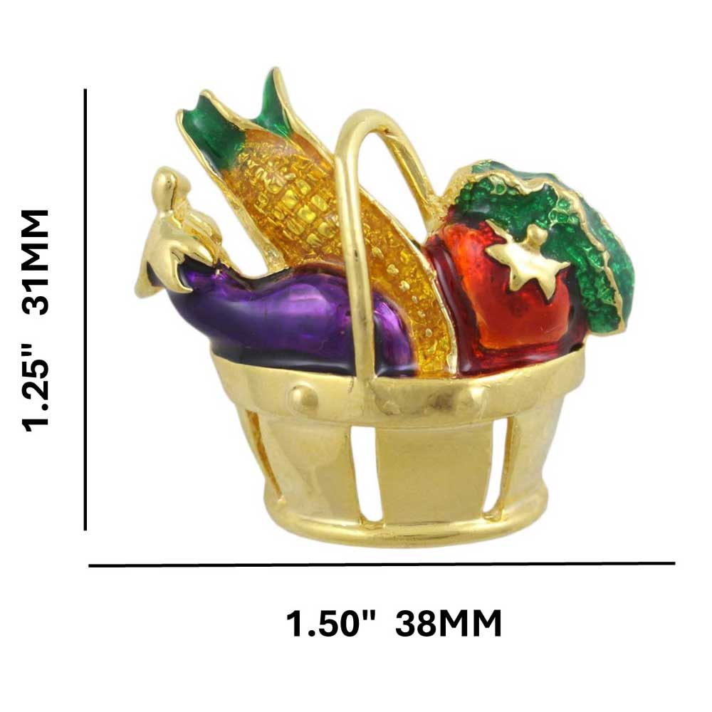 Gold Basket Filled with Vegetables Brooch Pin showing measurements - Lilylin Designs