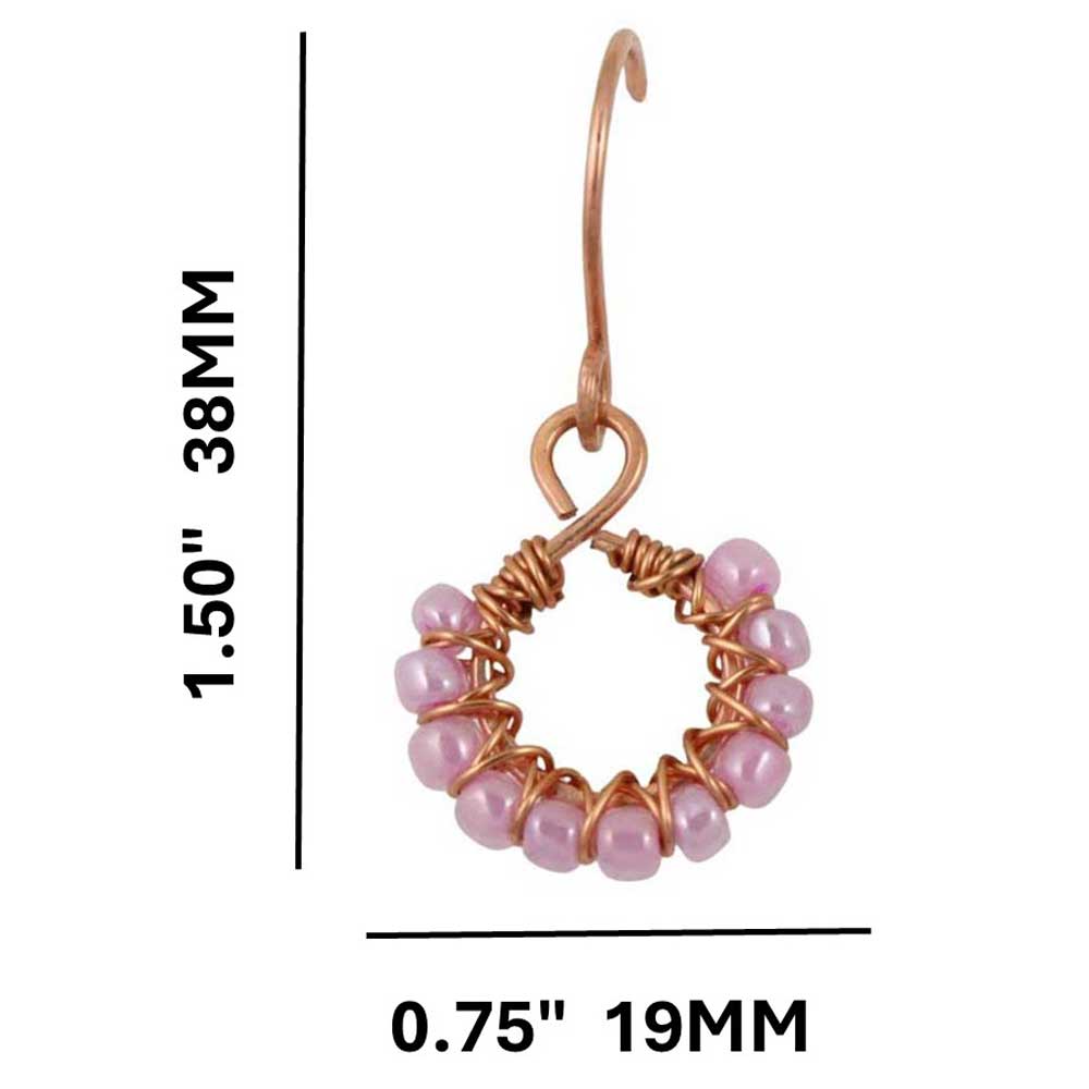 Copper earring with light purple beads and measurements on a white background - Lilylin Designs