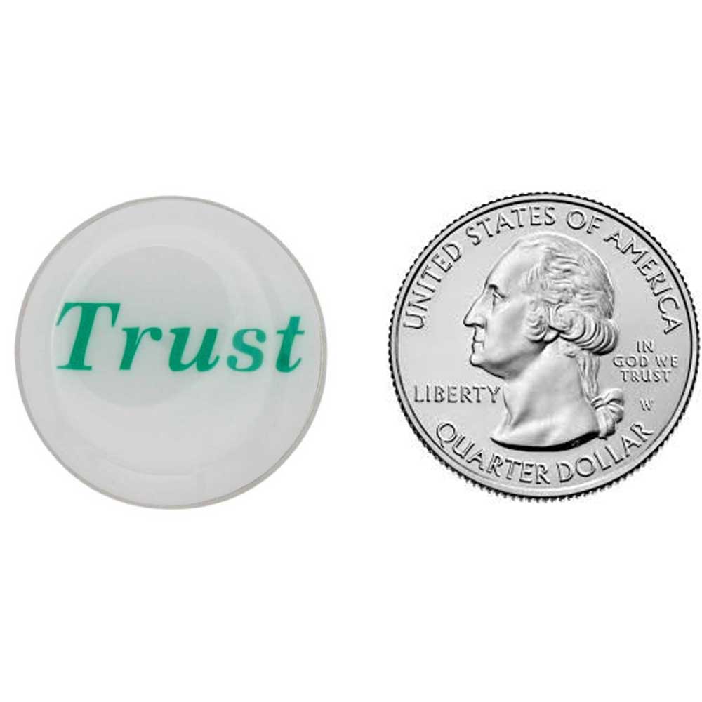 Round white green trust pin with US Quarter for comparison size - Lilylin Designs