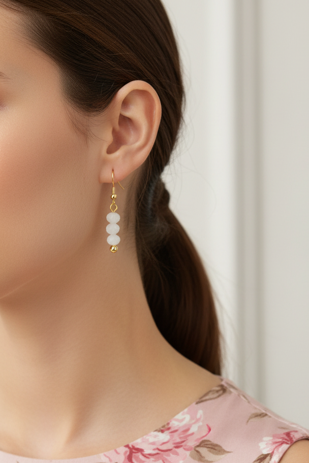 Model wearing white faceted glass bead earring - Lilylin Designs