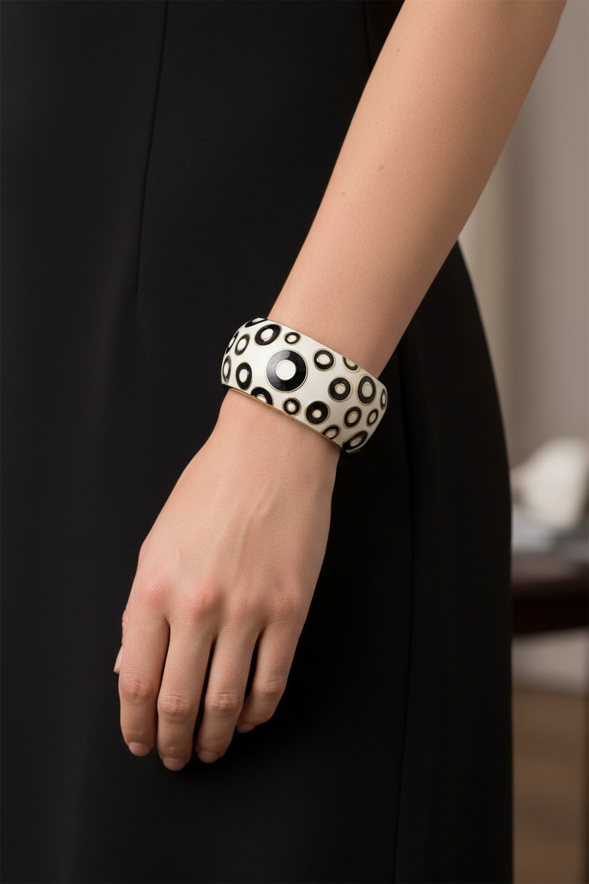 Model wearing black and white polka dot bangle - Lilylin Designs