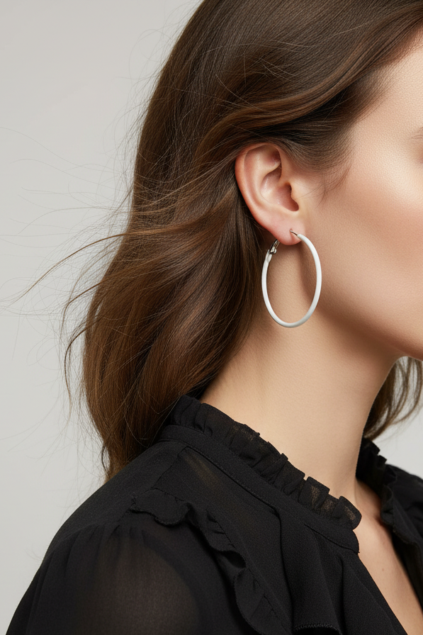 Model wearing white enamel skinny hoop earring - Lilylin Designs