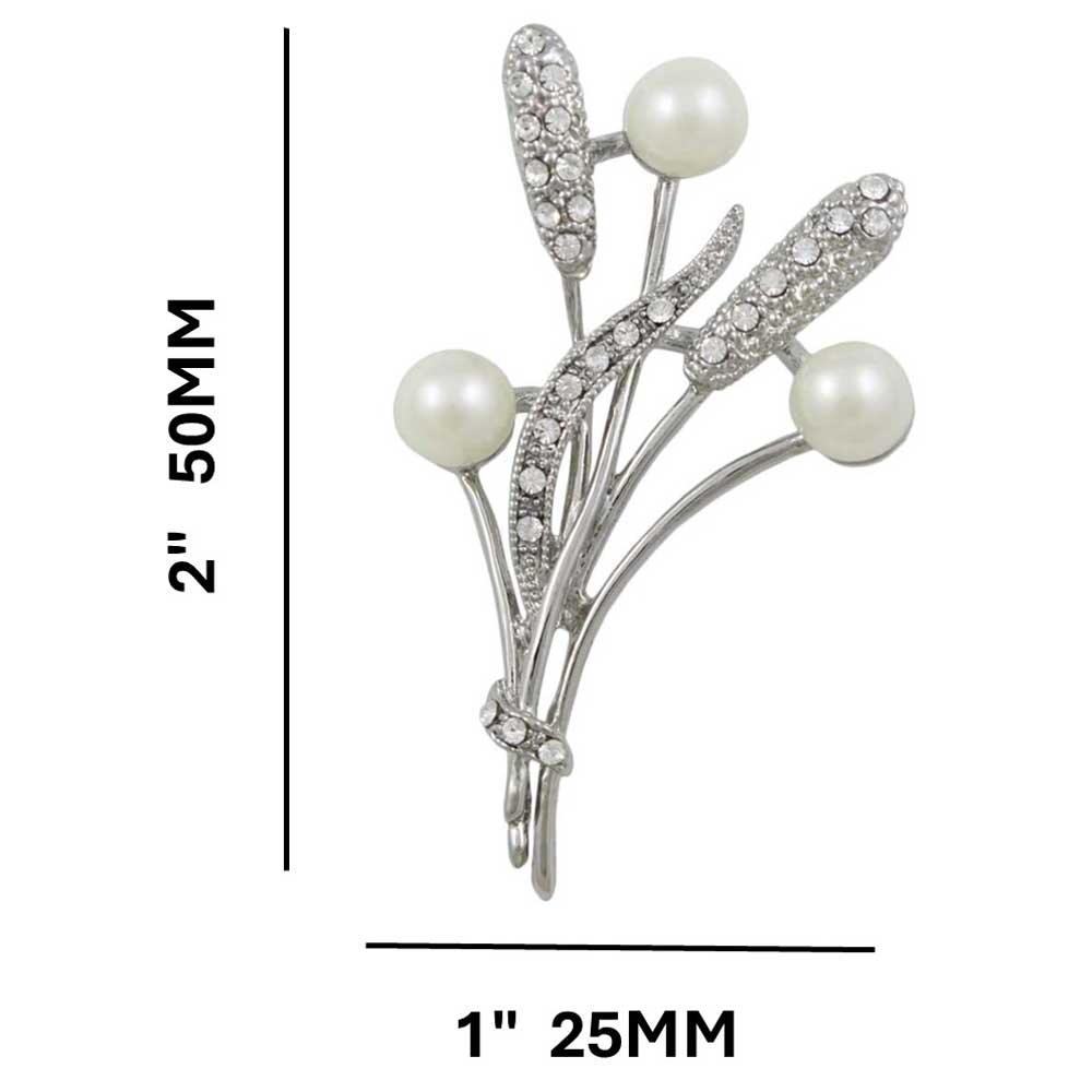 White Pearl Buds with Crystal Cattails and Leaves Brooch Pin with measurements - Lilylin Designs