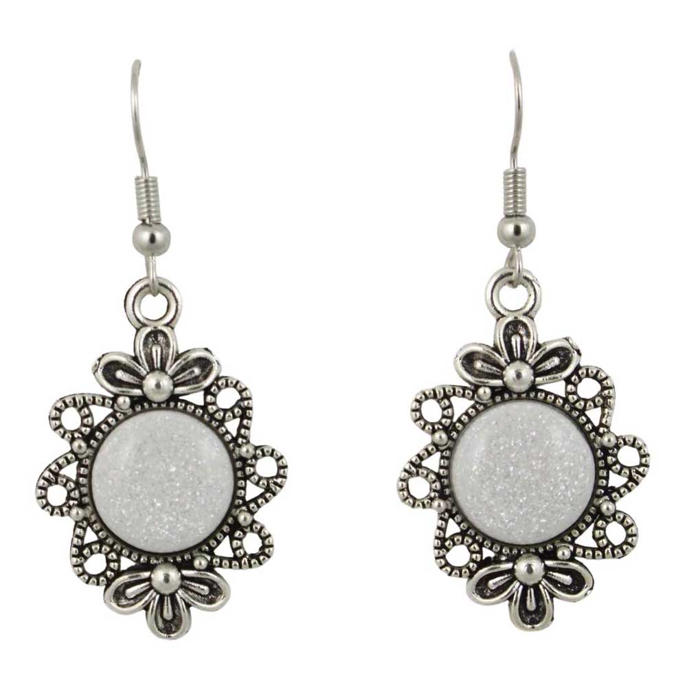 Silver earrings with decorative frames and white central stones on a white background - Lilylin Designs
