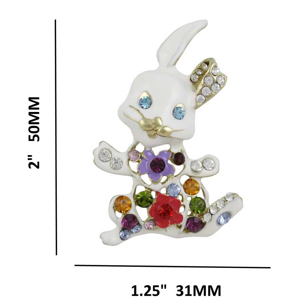 White Enamel Jeweled Belly Easter Bunny Brooch Pin shown with measurements - Lilylin Designs