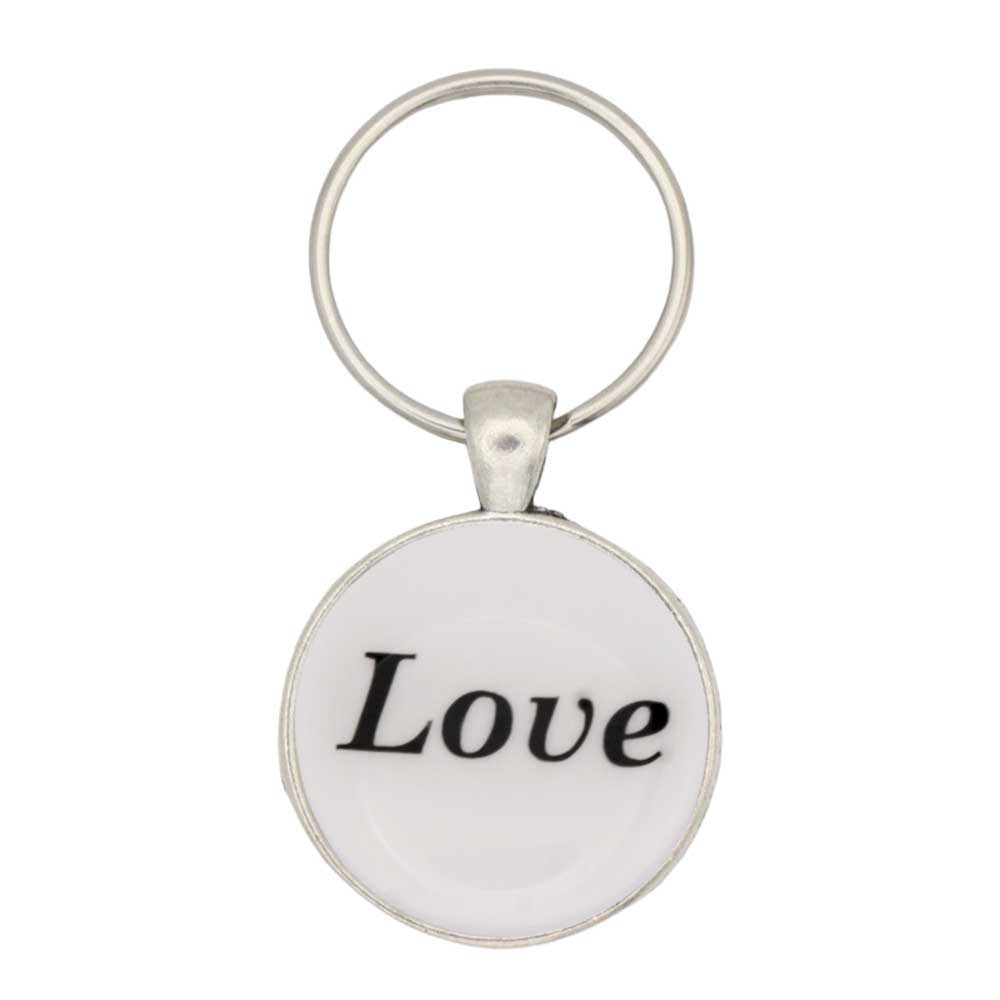 White disc with Love in black print keychain bag charm - Lilylin Designs