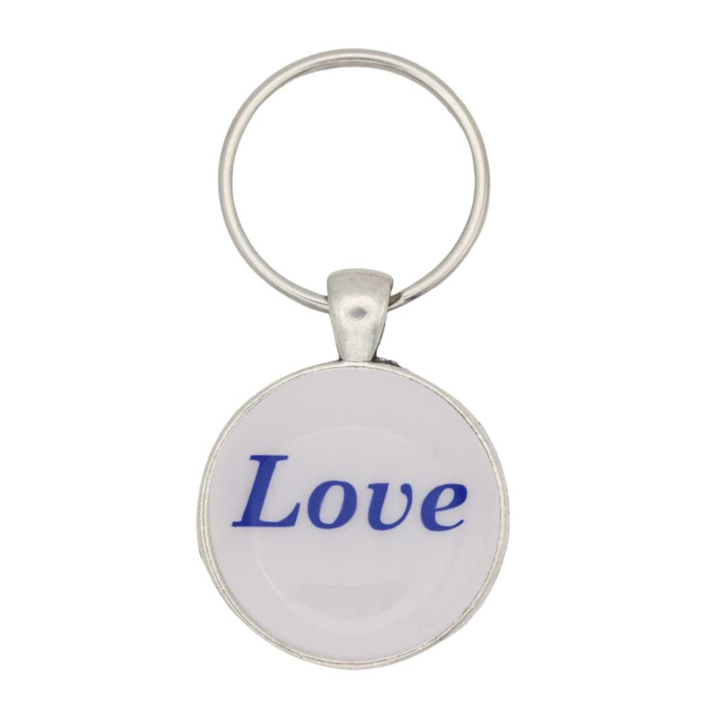 White disc with Love in blue print keychain bag charm - Lilylin Designs