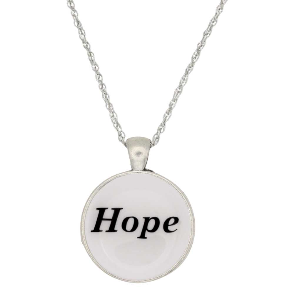 A silver chain necklace with a round pendant featuring the word 'Hope' in black script on a white background, isolated on a white backdrop - Lilylin Designs