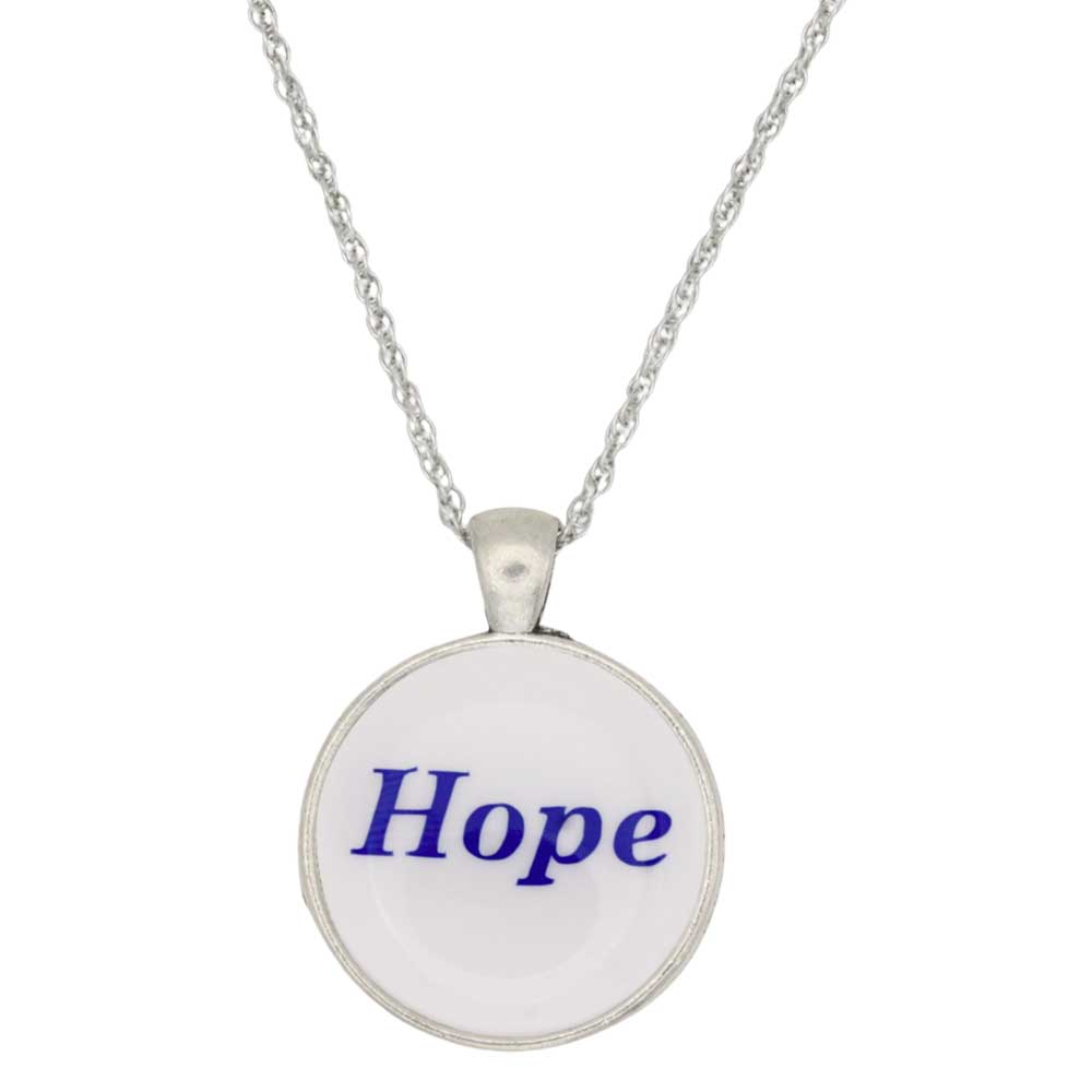 A silver chain necklace with a round pendant featuring the word 'Hope' in blue script on a white background, shown against a plain white backdrop - Lilylin Designs