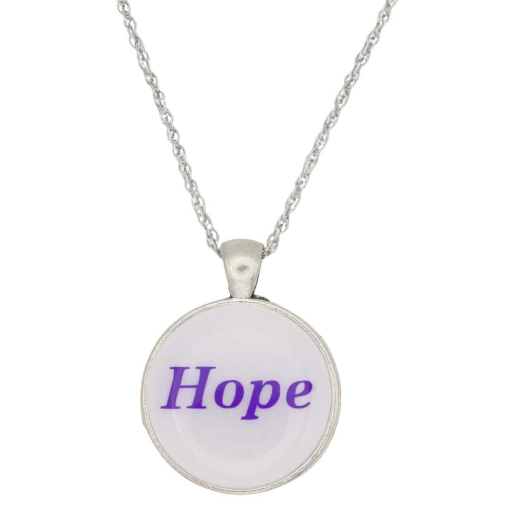 A silver chain necklace with a round pendant featuring the word 'Hope' in purple text on a white background - Lilylin Designs