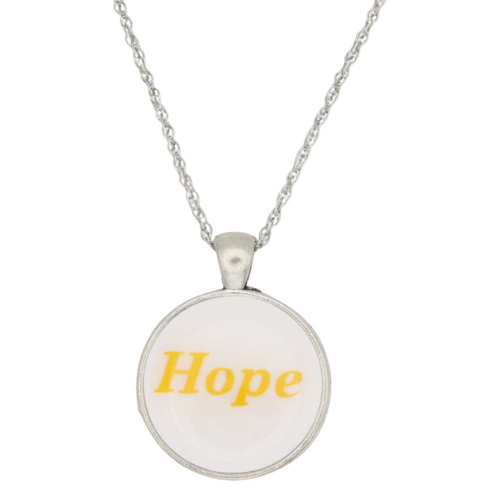 A silver chain necklace with a round pendant featuring the word 'Hope' in yellow script on a white background, shown against a plain white backdrop - Lilylin Designs