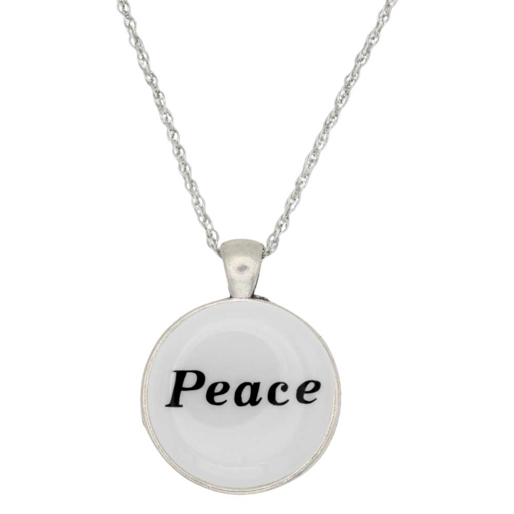 A silver chain necklace with a round pendant featuring the word 'Peace' in black script on a white background, shown against a plain white backdrop - Lilylin Designs
