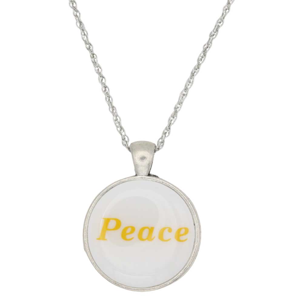 A silver chain necklace with a round pendant featuring the word 'Peace' in yellow text on a white background, shown against a plain white backdrop - Lilylin Designs