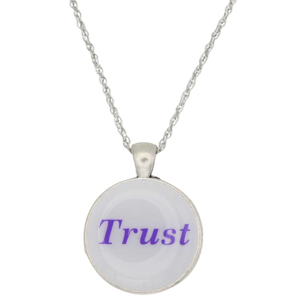 A silver chain necklace with a round pendant featuring the word 'Trust' printed in purple text on a white background - Lilylin Designs