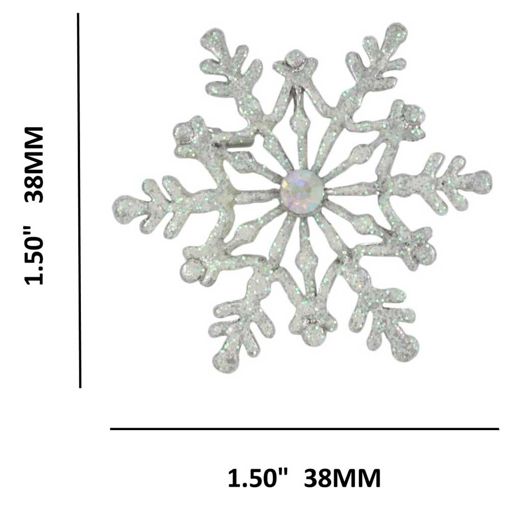 White Glitter Snowflake with Crystal Brooch Pin with measurements - Lilylin Designs