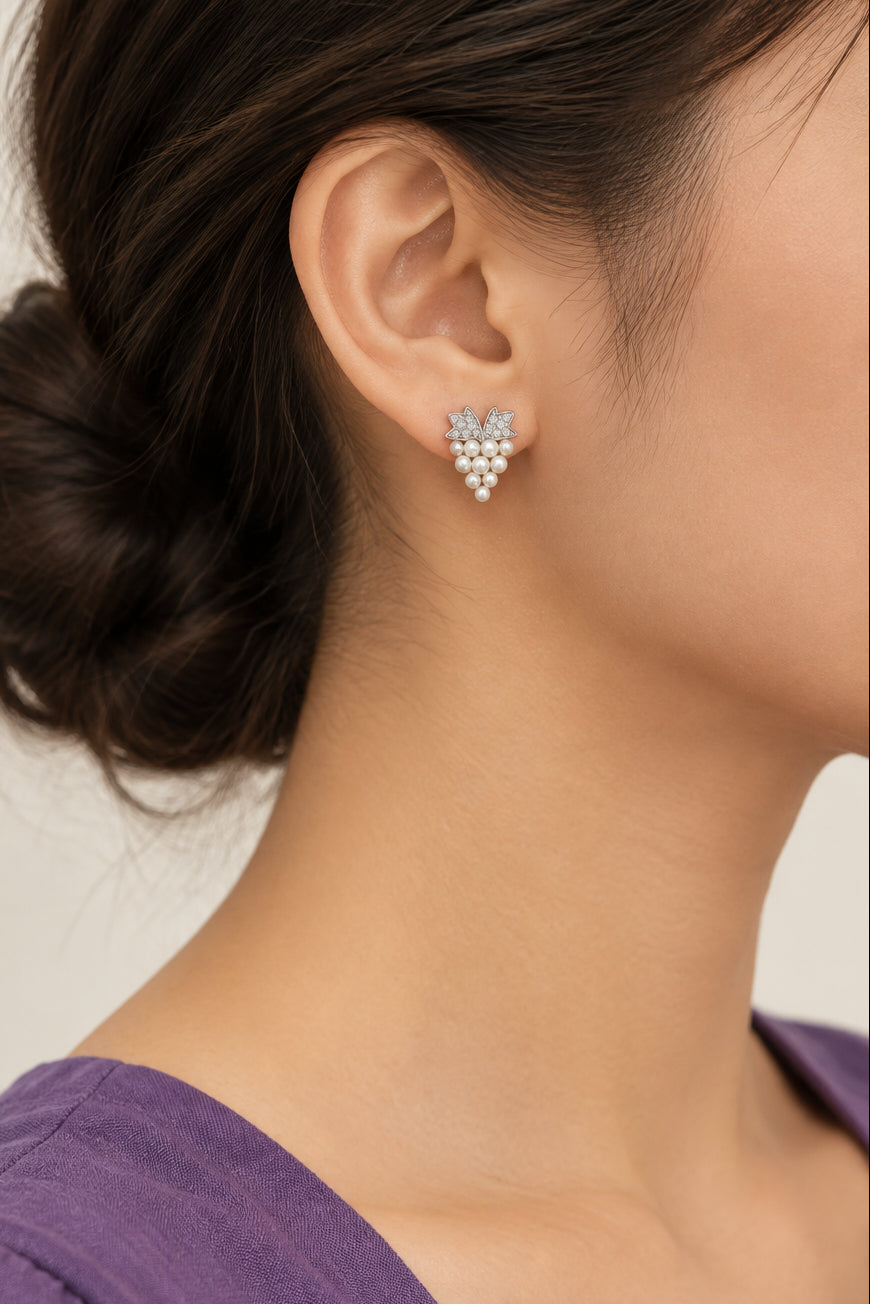 Model wearing white imitation pearl grapes pierced earring - Lilylin Designs
