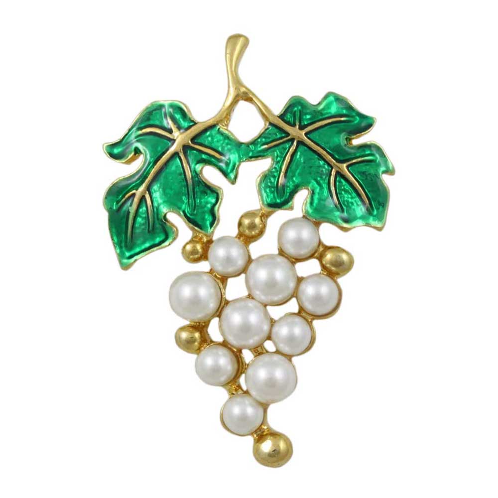 White Pearl Grapes with Green Enamel Leaves Brooch Pin -  Lilylin Designs