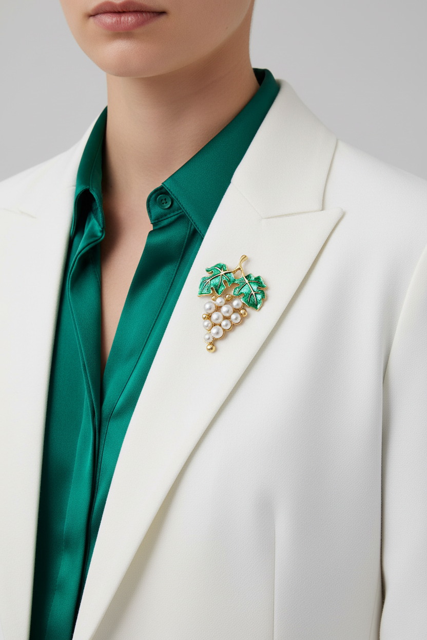 Model wearing white pearl grapes pin on a white jacket - Lilylin Designs