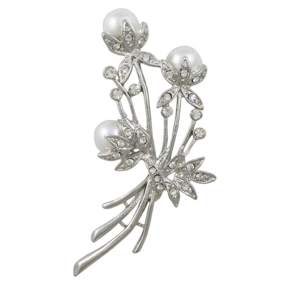 White Pearls with Clear Crystals Flower Buds Brooch Pin - Lilylin Designs