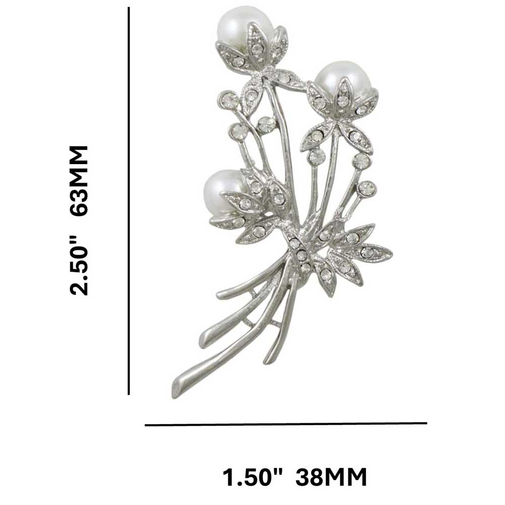 White Pearls with Clear Crystals Flower Buds Brooch Pin with measurements - Lilylin Designs