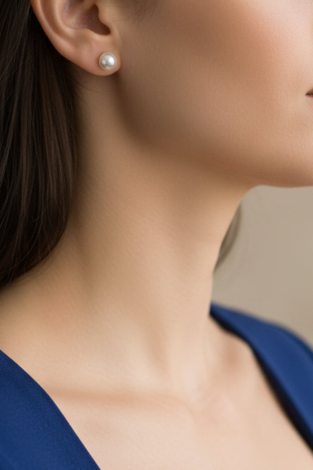 Model wearing white pearl stud earring - Lilylin Designs