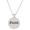 A silver round pendant necklace featuring the word 'Faith' printed in black script on a white background, suspended from a silver chain against a plain white backdrop - Lilylin Designs