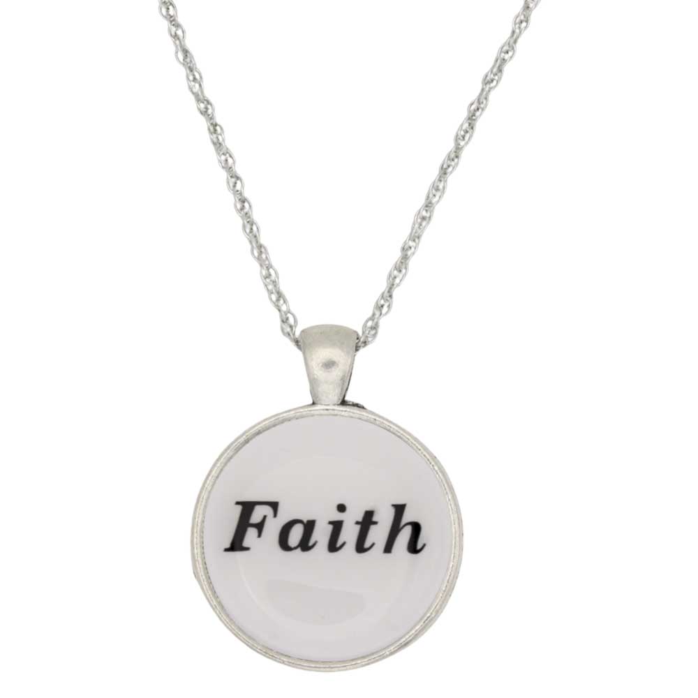 A silver round pendant necklace featuring the word 'Faith' printed in black script on a white background, suspended from a silver chain against a plain white backdrop - Lilylin Designs