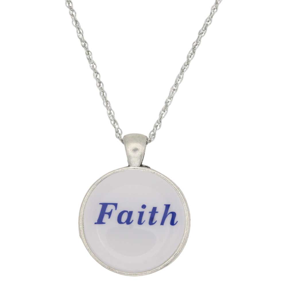A silver chain necklace with a round pendant featuring the word 'Faith' printed in blue text on a white background, shown against a plain white backdrop - Lilylin Designs