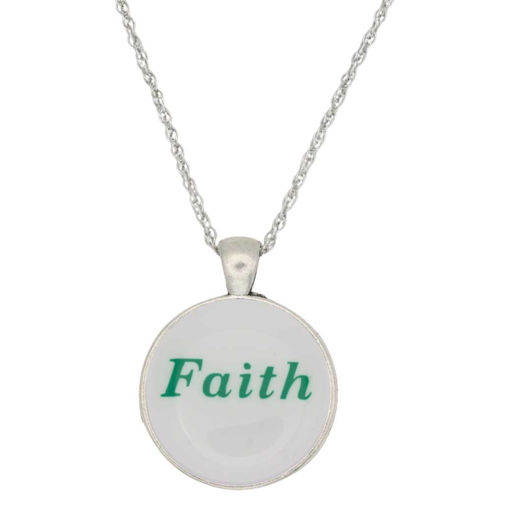 A silver chain necklace with a round pendant featuring the word 'Faith' in green script on a white background - Lilylin Designs