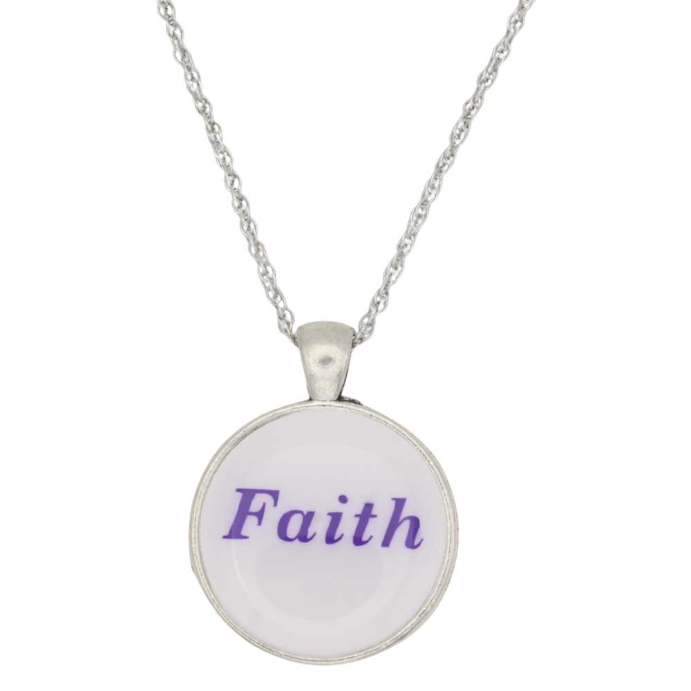 A silver chain necklace with a round pendant featuring the word 'Faith' in purple script on a white background, shown against a plain white backdrop - Lilylin Designs