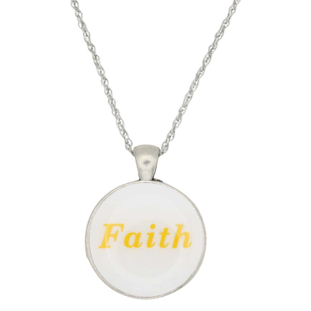 A silver chain necklace with a round pendant featuring the word 'Faith' in yellow script on a white background - Lilylin Designs