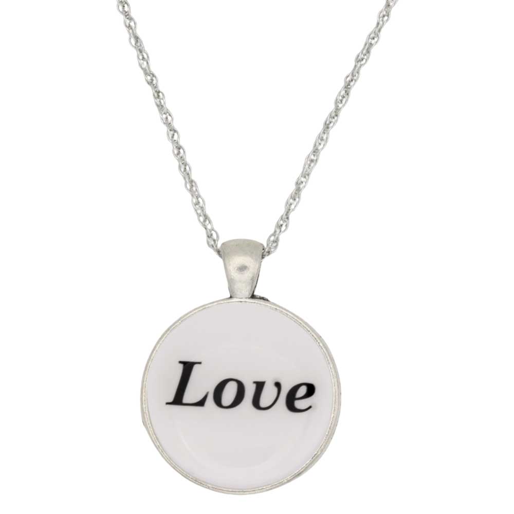 A silver chain necklace with a round pendant featuring a white face and the word 'Love' printed in black script, shown against a plain white background - Lilylin Designs