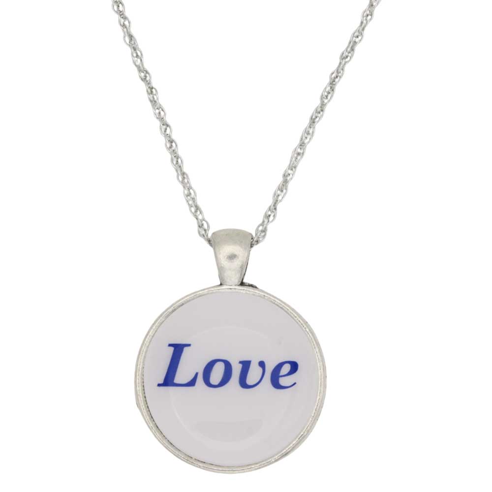 A silver chain necklace with a round pendant featuring a white background and the word 'Love' printed in blue script, shown against a plain white background - Lilylin Designs