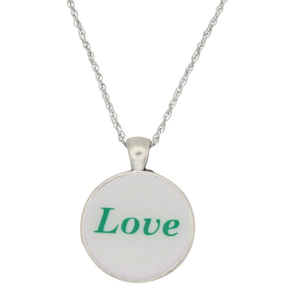 A silver chain necklace with a round pendant featuring the word 'Love' printed in green text on a white background - Lilylin Designs