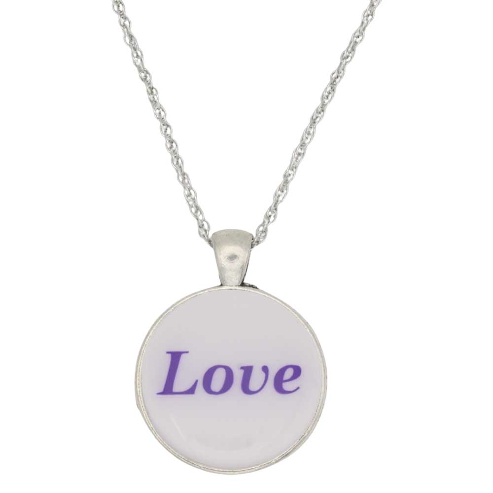 A silver chain necklace with a round pendant featuring the word 'Love' in purple text on a white background, shown against a plain white backdrop - Lilylin Designs