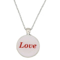 A silver chain necklace with a round pendant featuring a white face and the word 'Love' printed in red script, shown against a plain white background - Lilylin Designs
