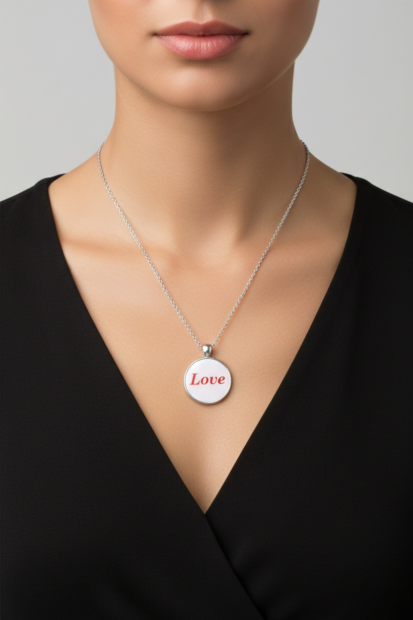 woman wearing white pendant with love in red on a silver chain - Lilylin Designs