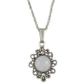 Antique silver-tone round pendant with bow and white glittery resin on chain - Lilylin Designs