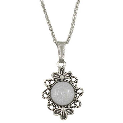 Antique silver-tone round pendant with bow and white glittery resin on chain - Lilylin Designs