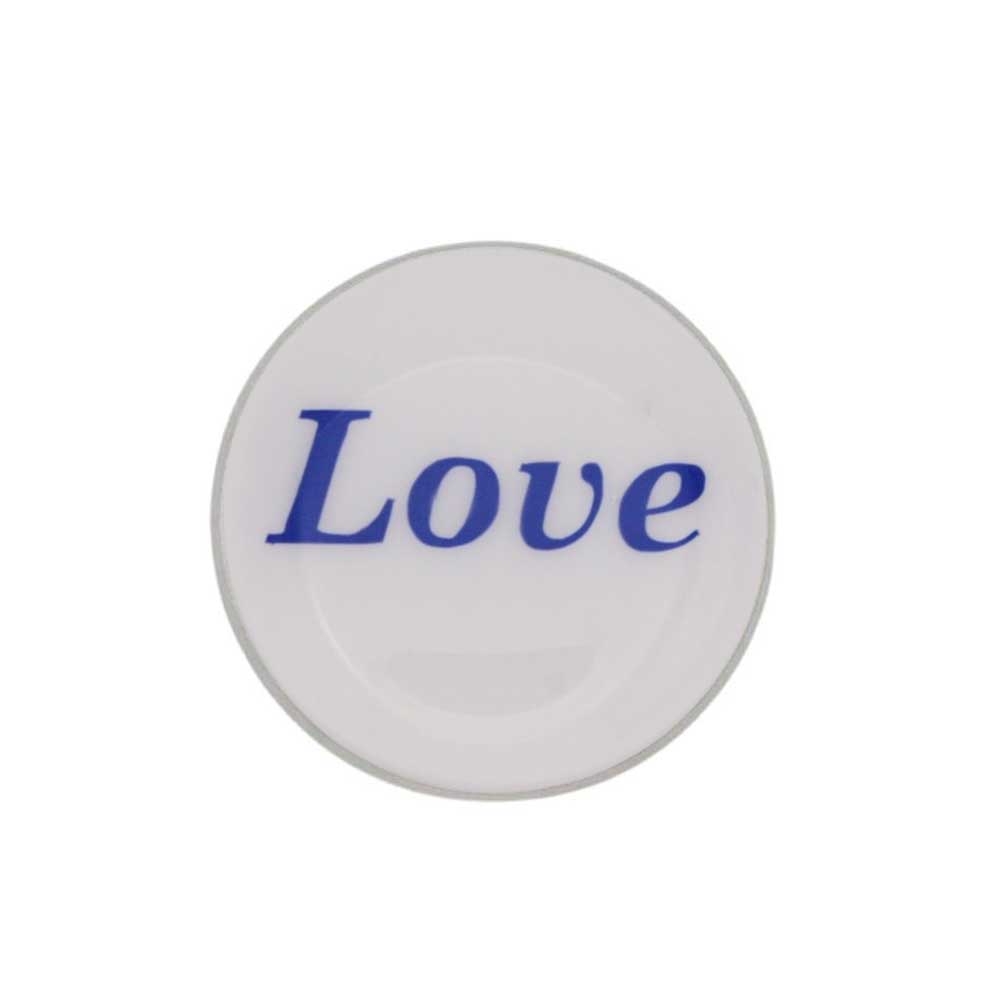 Round white inspirational pin with Love in blue - Lilylin Designs