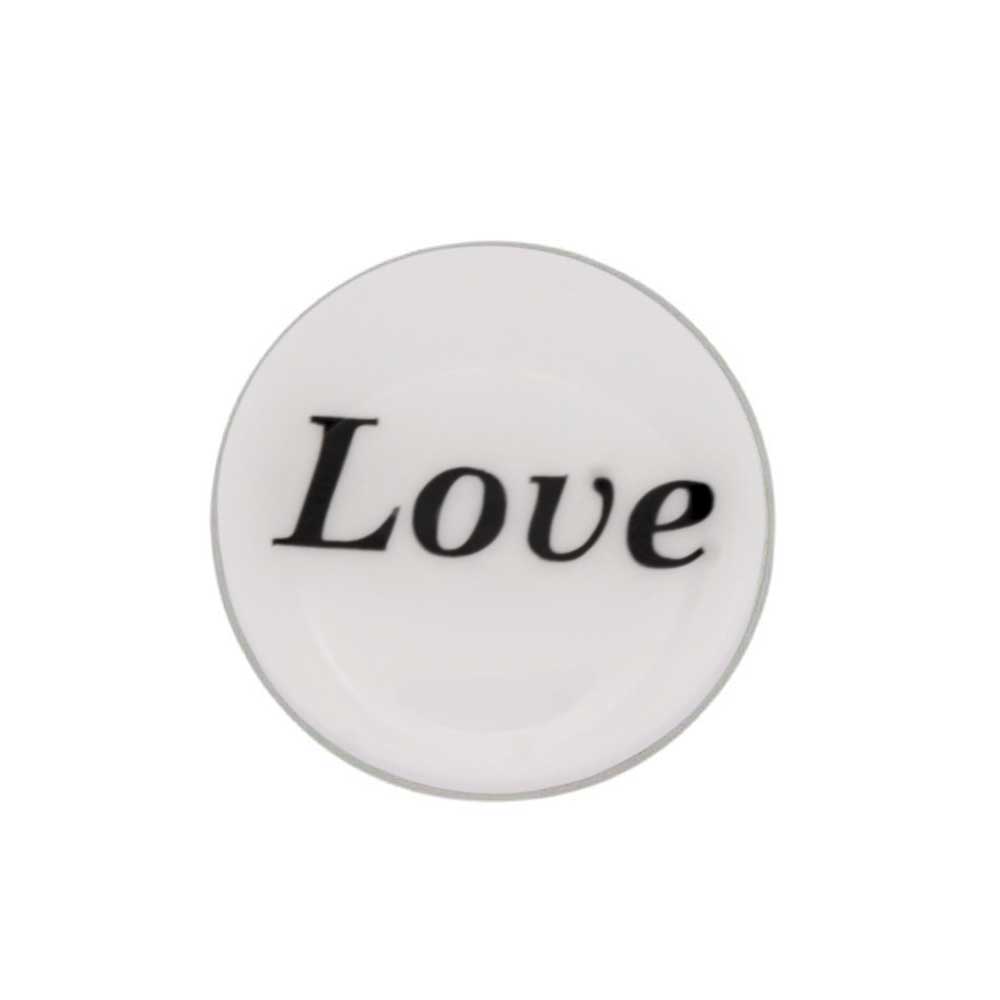 Round white inspirational pin with Love in black - Lilylin Designs