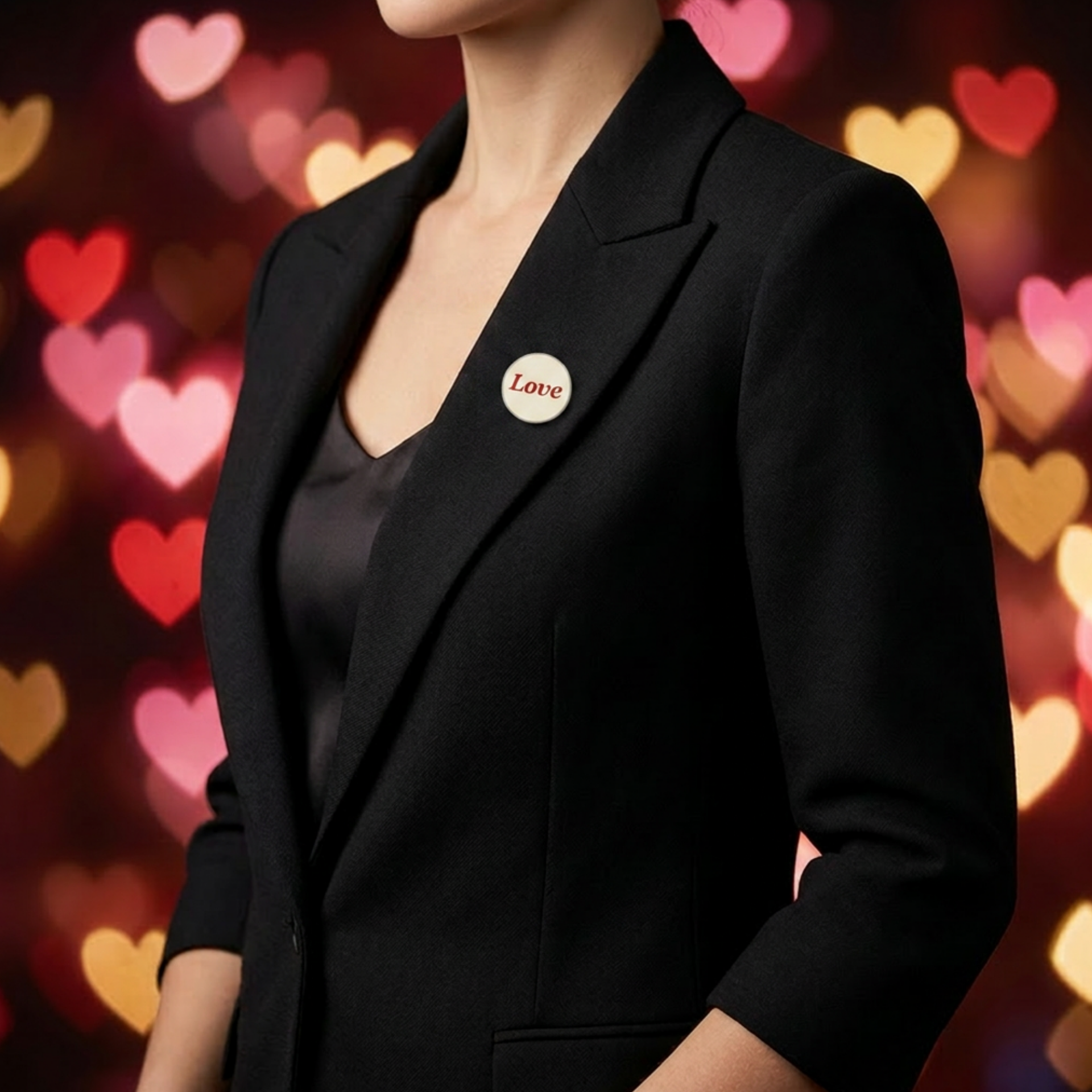 Round white pin with red "Love" inspirational pin on lady's jacket - Lilylin Designs