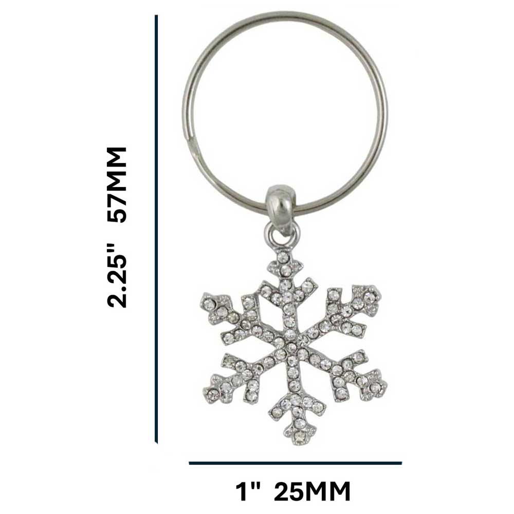 Silver snowflake keychain with measurements on a white background - Lilylin Designs