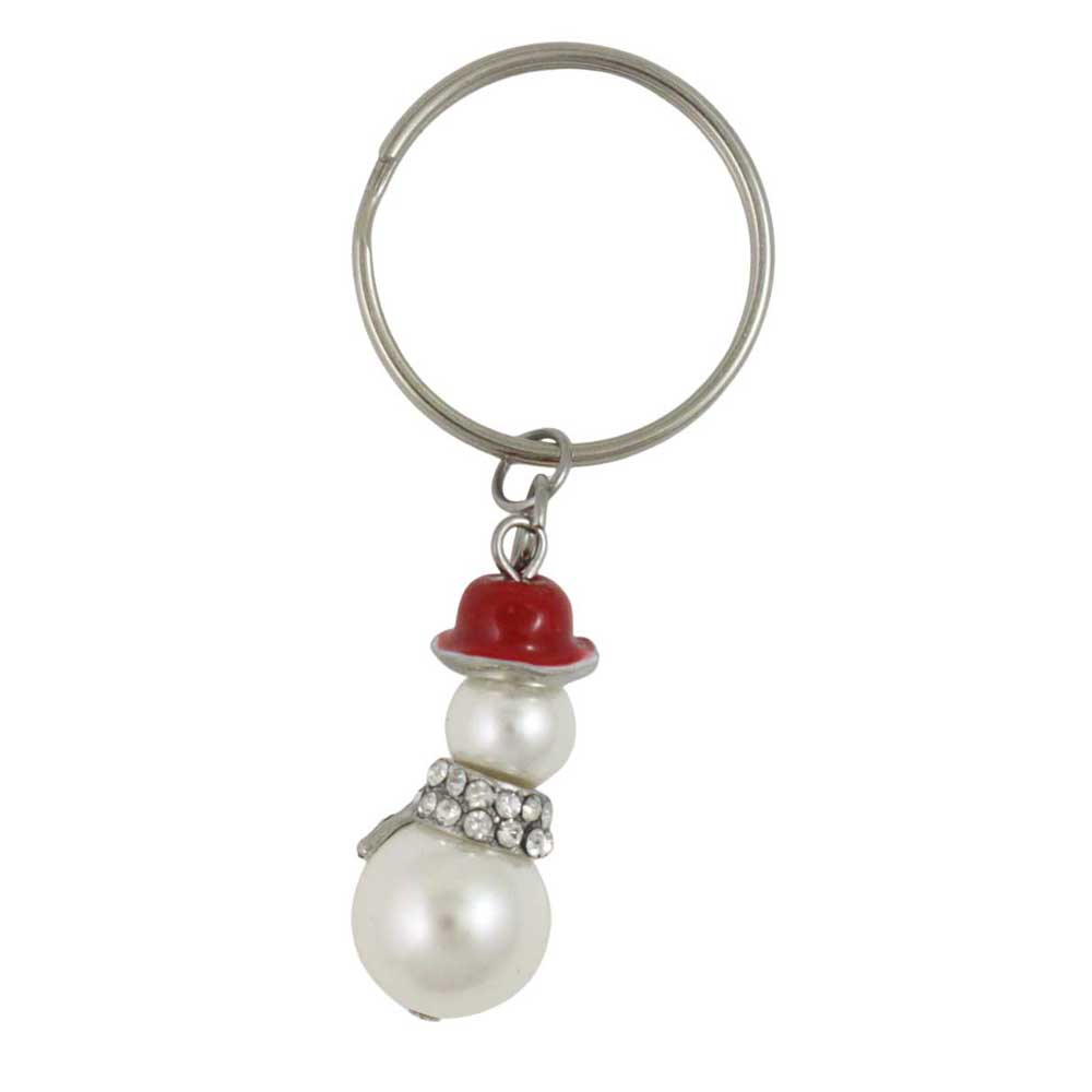 Pearl Snowman with Crystal Scarf  and red hat Keychain on white background - Lilylin Designs