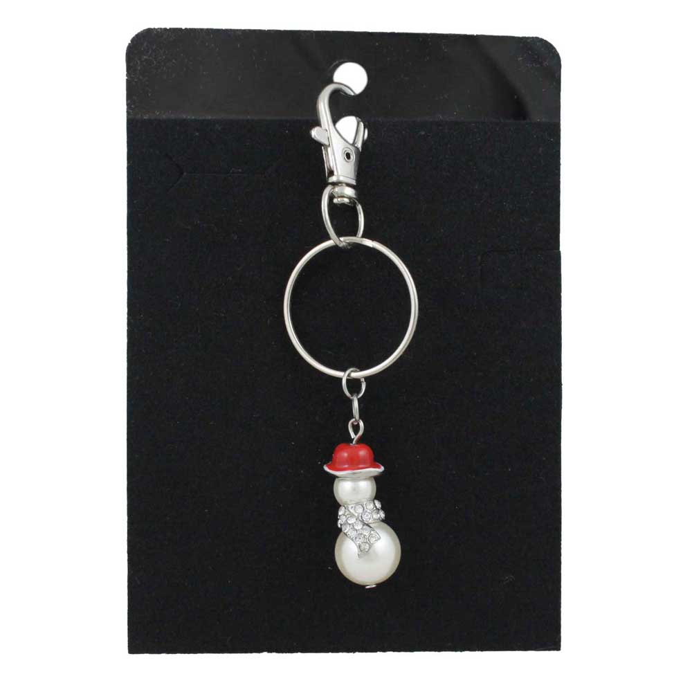 Pearl Snowman with Crystal Scarf Keychain on black card - Lilylin Designs