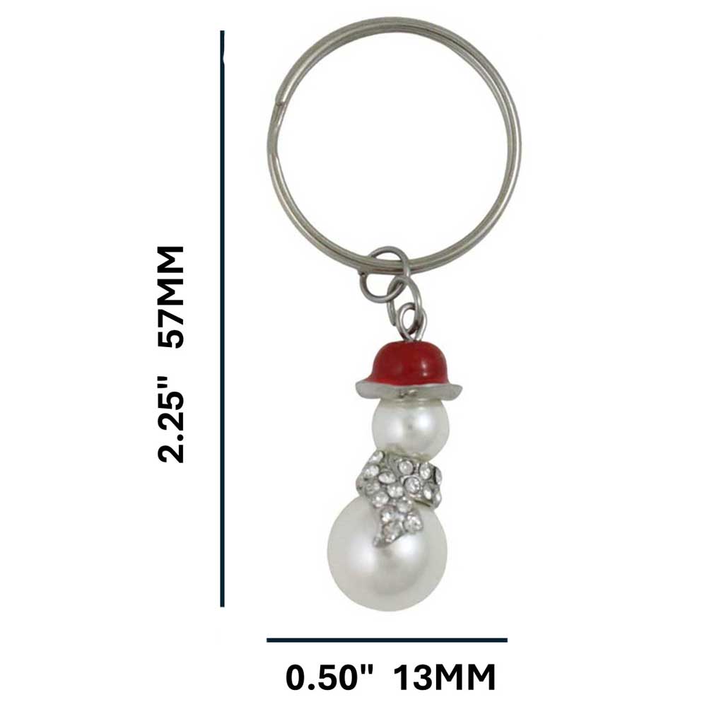 Pearl Snowman with Crystal Scarf Keychain on white background with measurements - Lilylin Designs