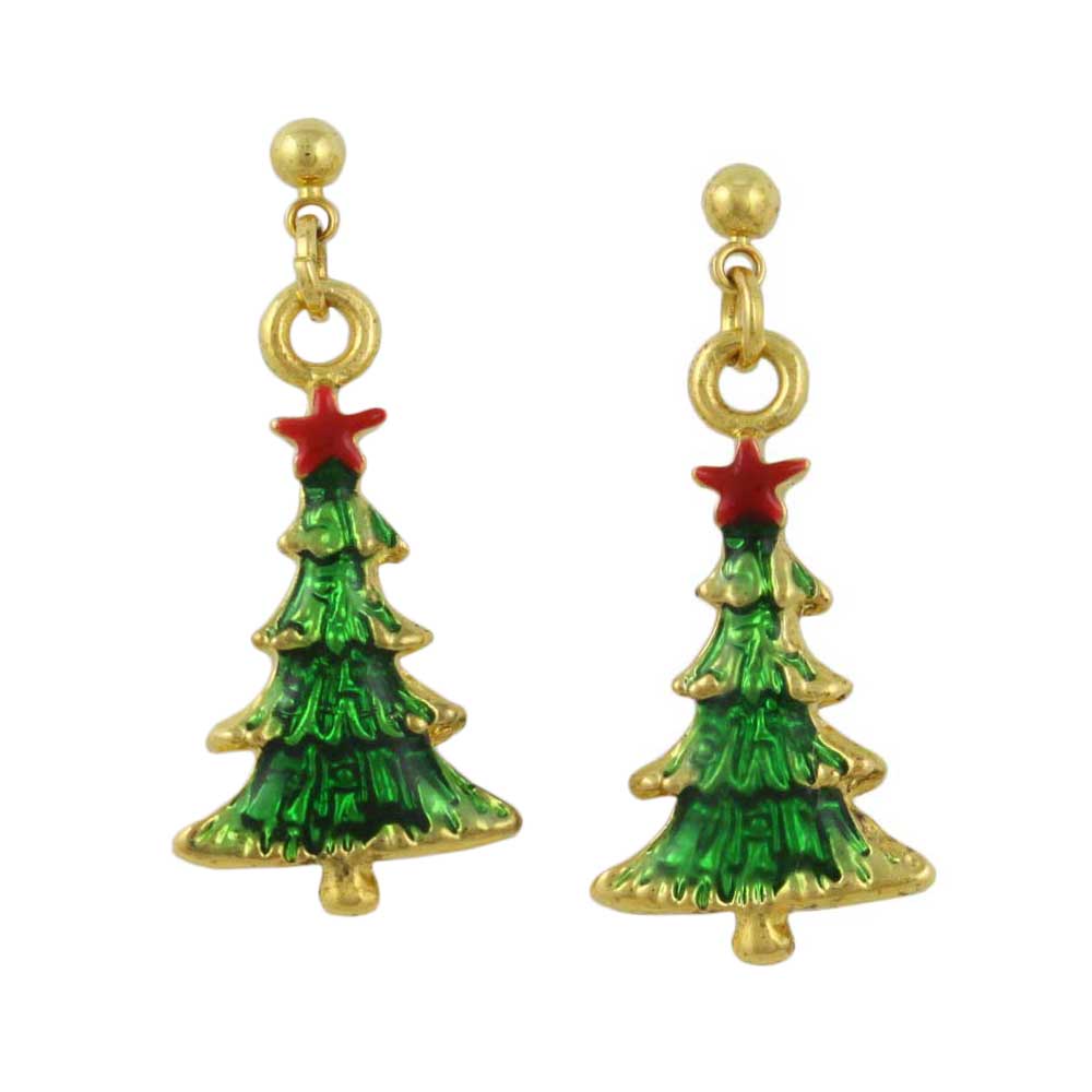 Green Enamel Dangling Christmas Tree Pierced Earring - XE205 - Lilylin Designs